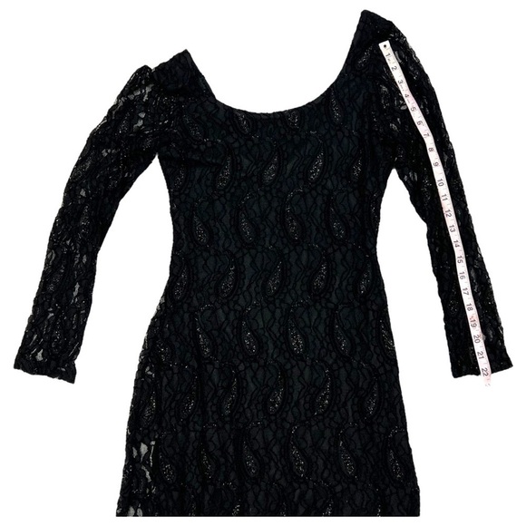 CURE Black Lace Bodycon Mini Dress Medium Scoop Back Long Sleeve Glitter Sheer - Picture 12 of 15